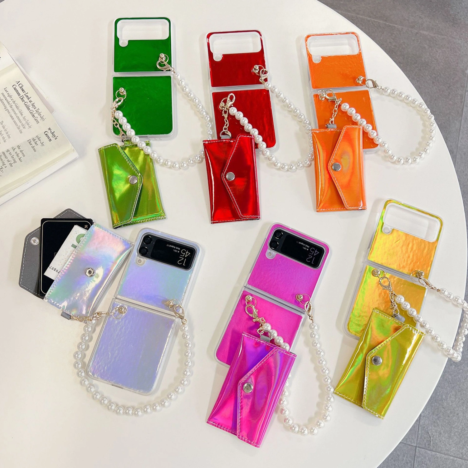 1 Set Case for Samsung Galaxy Z Flip4 Case Folding Phone Cover with Faux Pearl Bracelet and Card Holder for Samsung Galaxy Z Flip 4