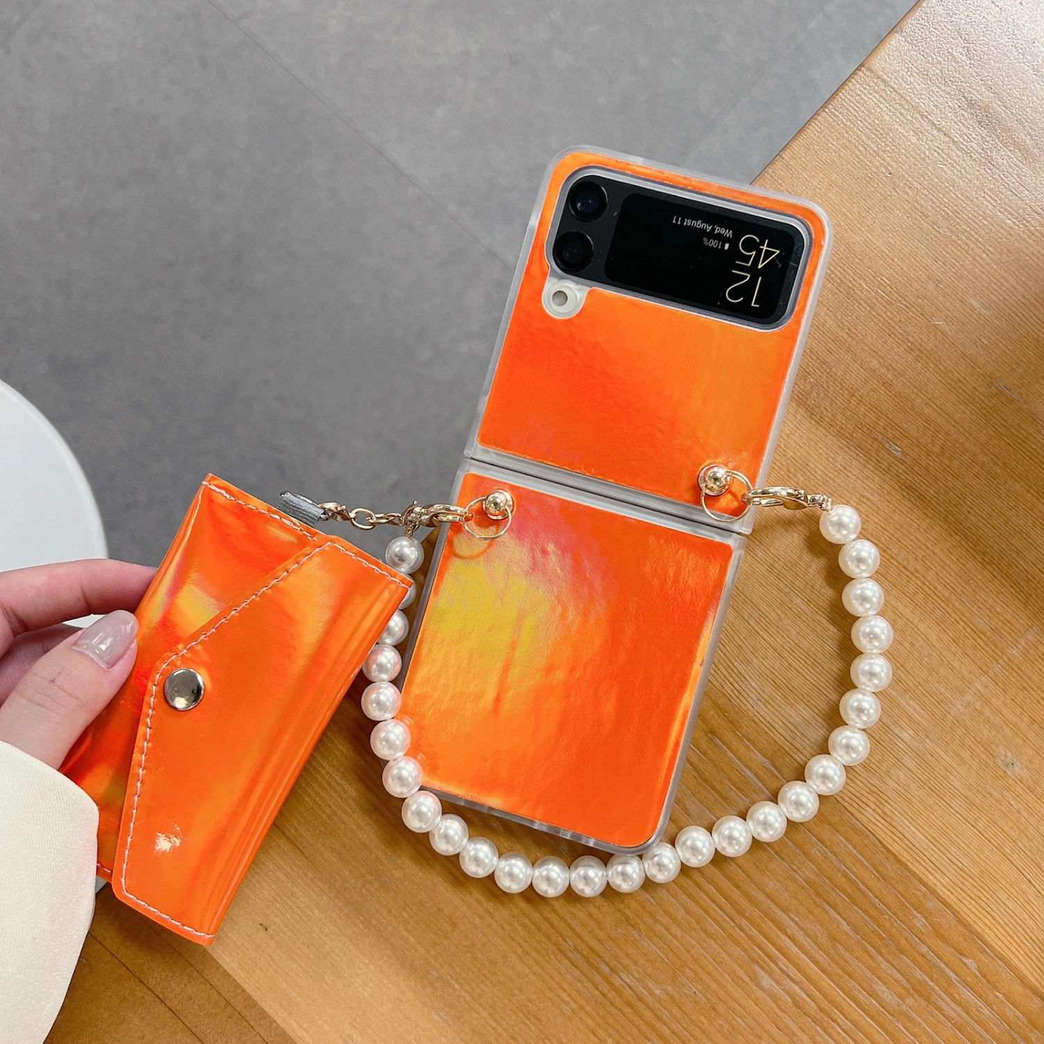 1 Set Case for Samsung Galaxy Z Flip4 Case Folding Phone Cover with Faux Pearl Bracelet and Card Holder for Samsung Galaxy Z Flip 4