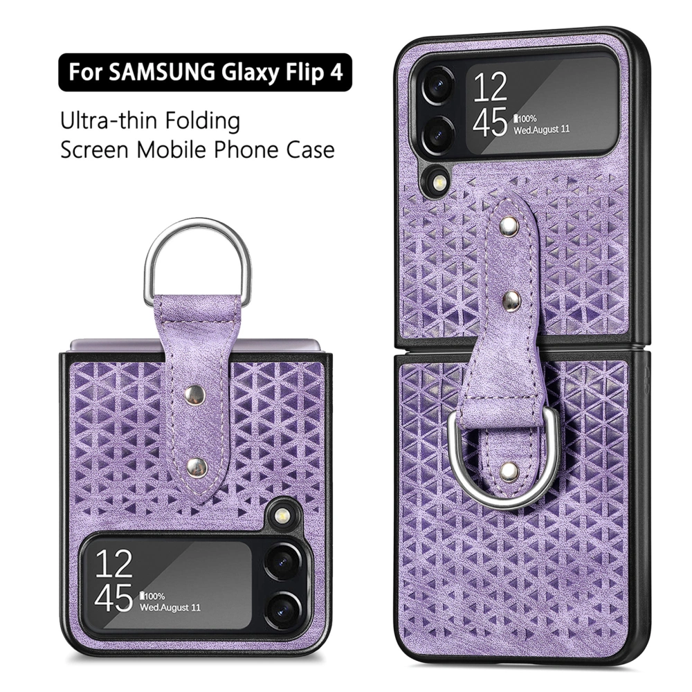 Mobile Phone Cover Foldable Ultra-thin Anti-fingerprint Shockproof Anti-fall Ring Buckle Holder Portable Faux Leather Phone Protective Case for Samsung Z Flip 4