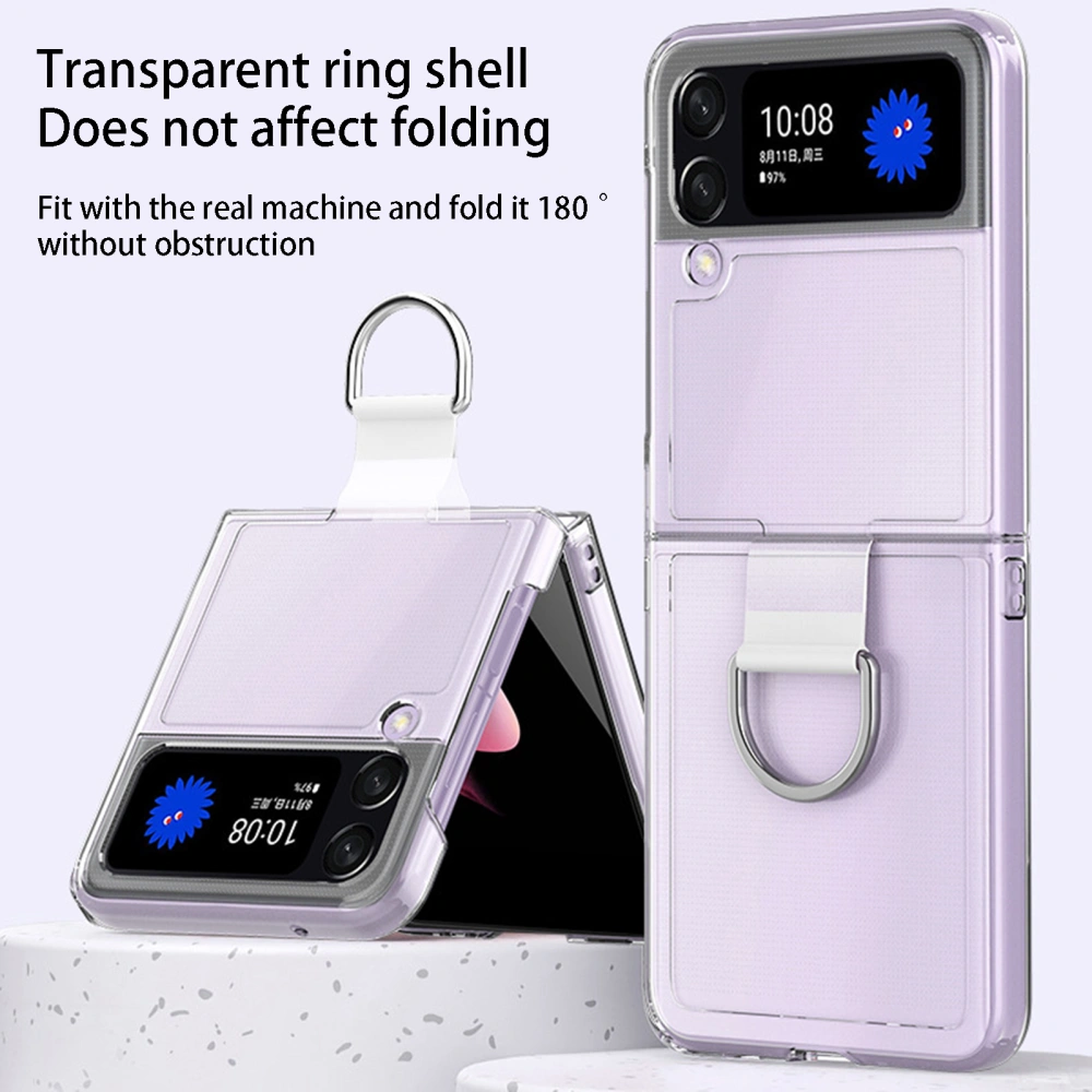 Mobile Phone Cover Transparent Foldable Shockproof Anti-fall Dust-proof with Ring Buckle Holder Hard PC Phone Back Shell Folding Case for Samsung Galaxy Z Flip 4