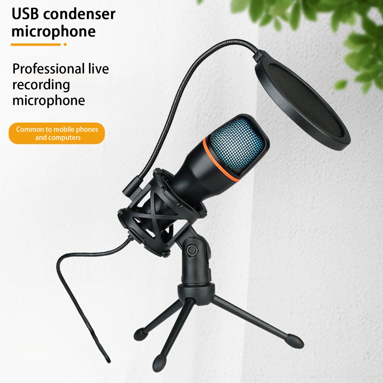 USB Microphone HIFI Sound 360 Degree Omnidirectional RGB with Tripod Noise Reduction Live Streaming Desktop Wired Condenser Mic for Office