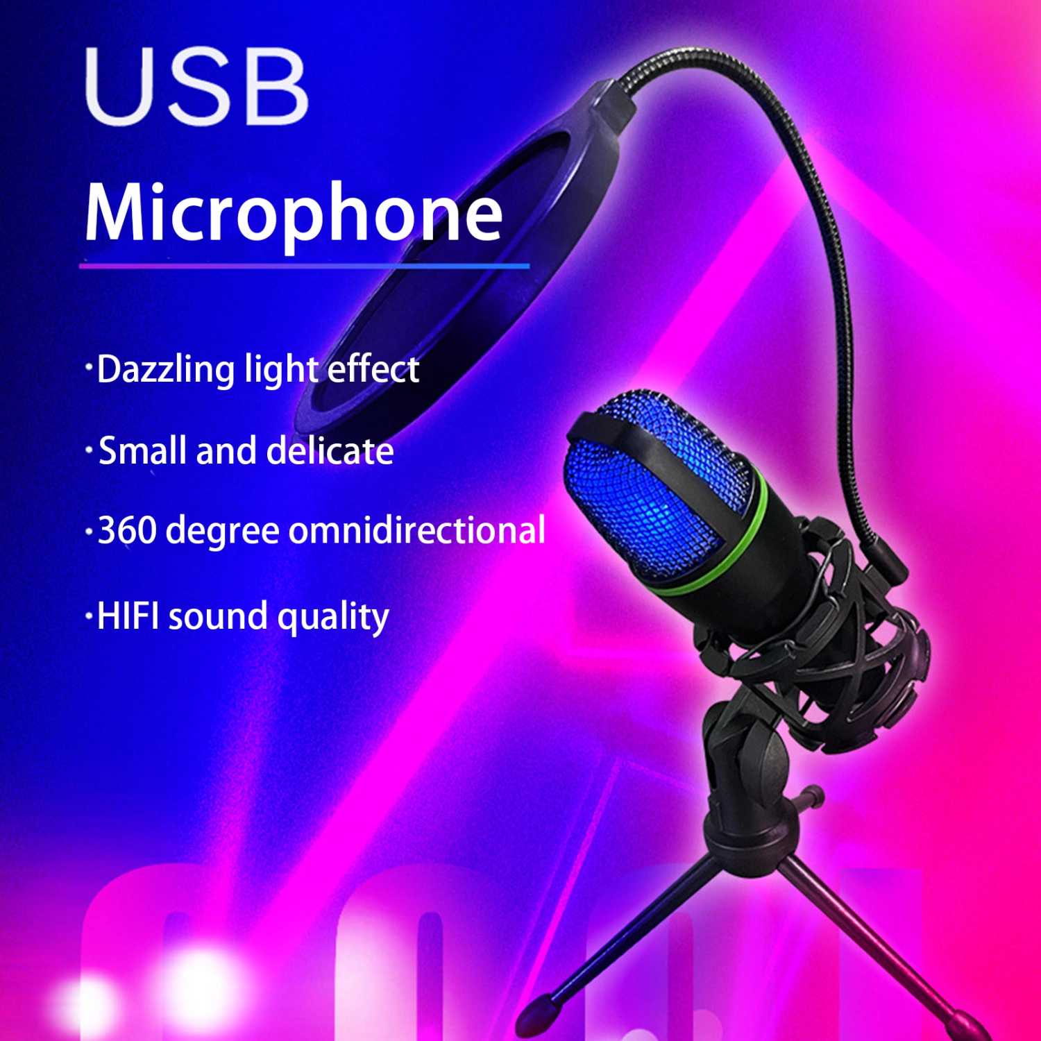 USB Microphone HIFI Sound 360 Degree Omnidirectional RGB with Tripod Noise Reduction Live Streaming Desktop Wired Condenser Mic for Office