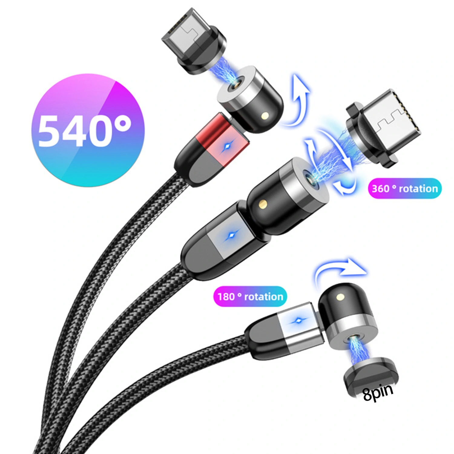 1 Set Data Cable Strong Adsorption Stable Connection 2.4A 3 in 1 8-pin Micro USB Type-C Magnetic Charging Cable Home Use