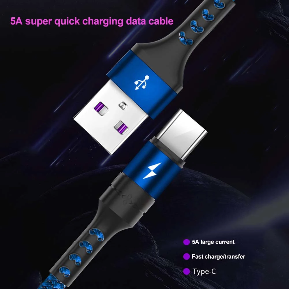 Type-C 5A Super Fast Charging Phone Braided Data Cable for Huawei Mate10 P20