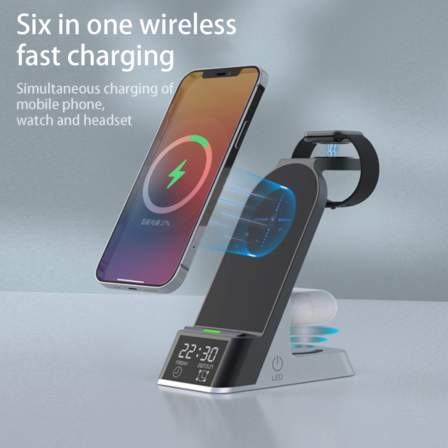 Wireless Charger 6 in 1 Multifunctional Magnetic LED Digital Display Touch Control Alarm Clock Function Universal Phone Earphone Watch Fast Wireless Charging Station for Smartphone