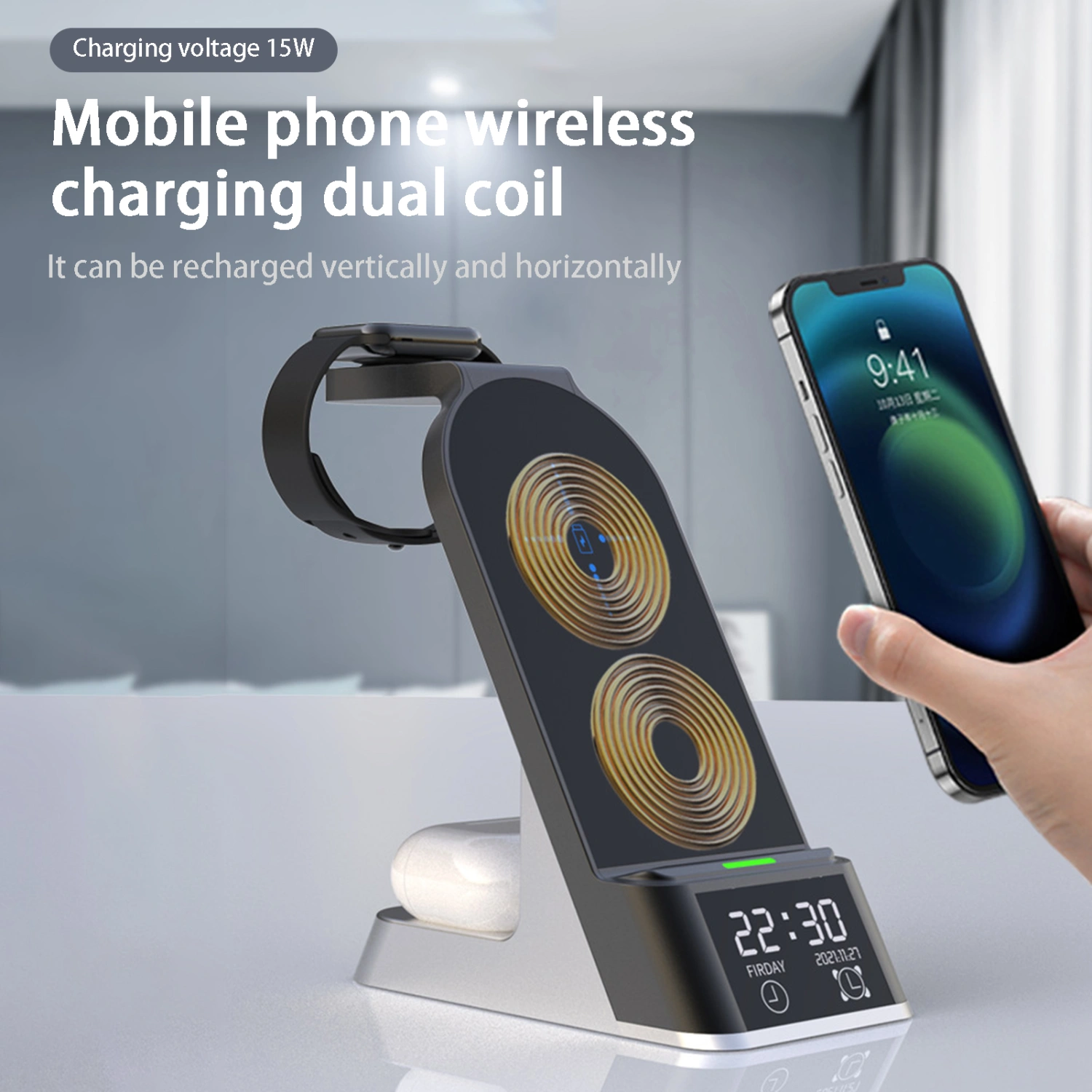 Wireless Charger 6 in 1 Multifunctional Magnetic LED Digital Display Touch Control Alarm Clock Function Universal Phone Earphone Watch Fast Wireless Charging Station for Smartphone