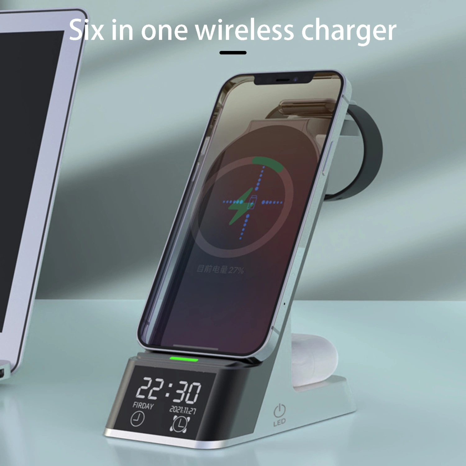 Wireless Charger 6 in 1 Multifunctional Magnetic LED Digital Display Touch Control Alarm Clock Function Universal Phone Earphone Watch Fast Wireless Charging Station for Smartphone