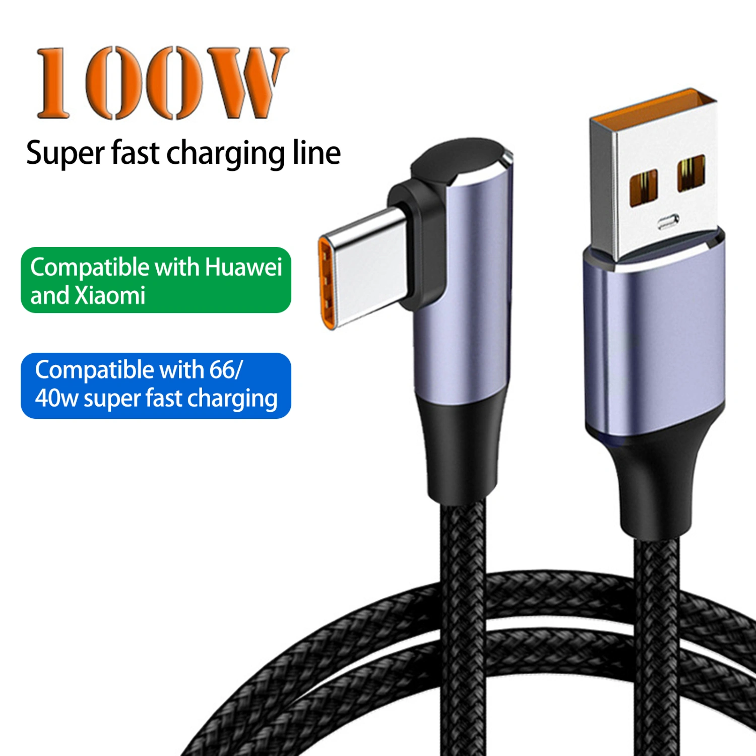 6A 100W Data Cable Universal High Current Braided Wire Tangle-free Fast Charging Elbow Design USB Type-C Mobile Phone USB-C Charger Cable for Office