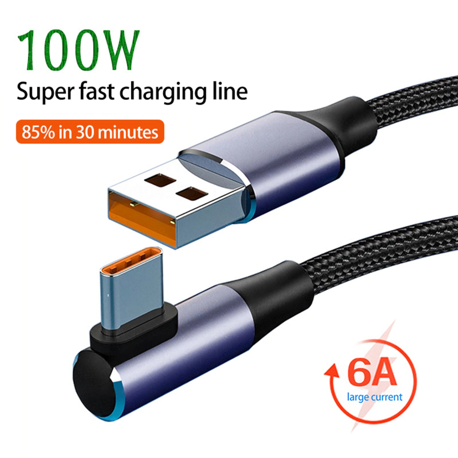 6A 100W Data Cable Universal High Current Braided Wire Tangle-free Fast Charging Elbow Design USB Type-C Mobile Phone USB-C Charger Cable for Office