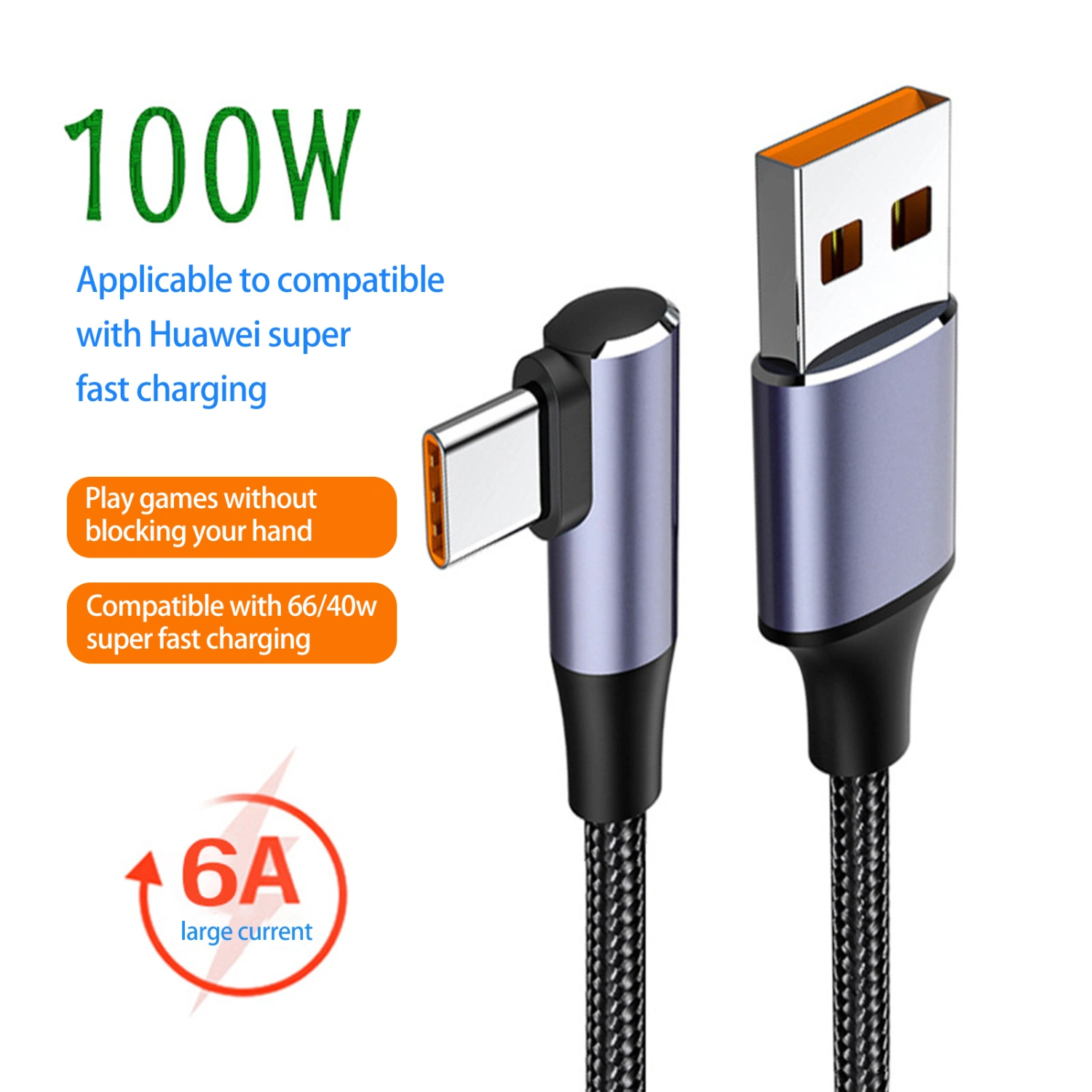 6A 100W Data Cable Universal High Current Braided Wire Tangle-free Fast Charging Elbow Design USB Type-C Mobile Phone USB-C Charger Cable for Office