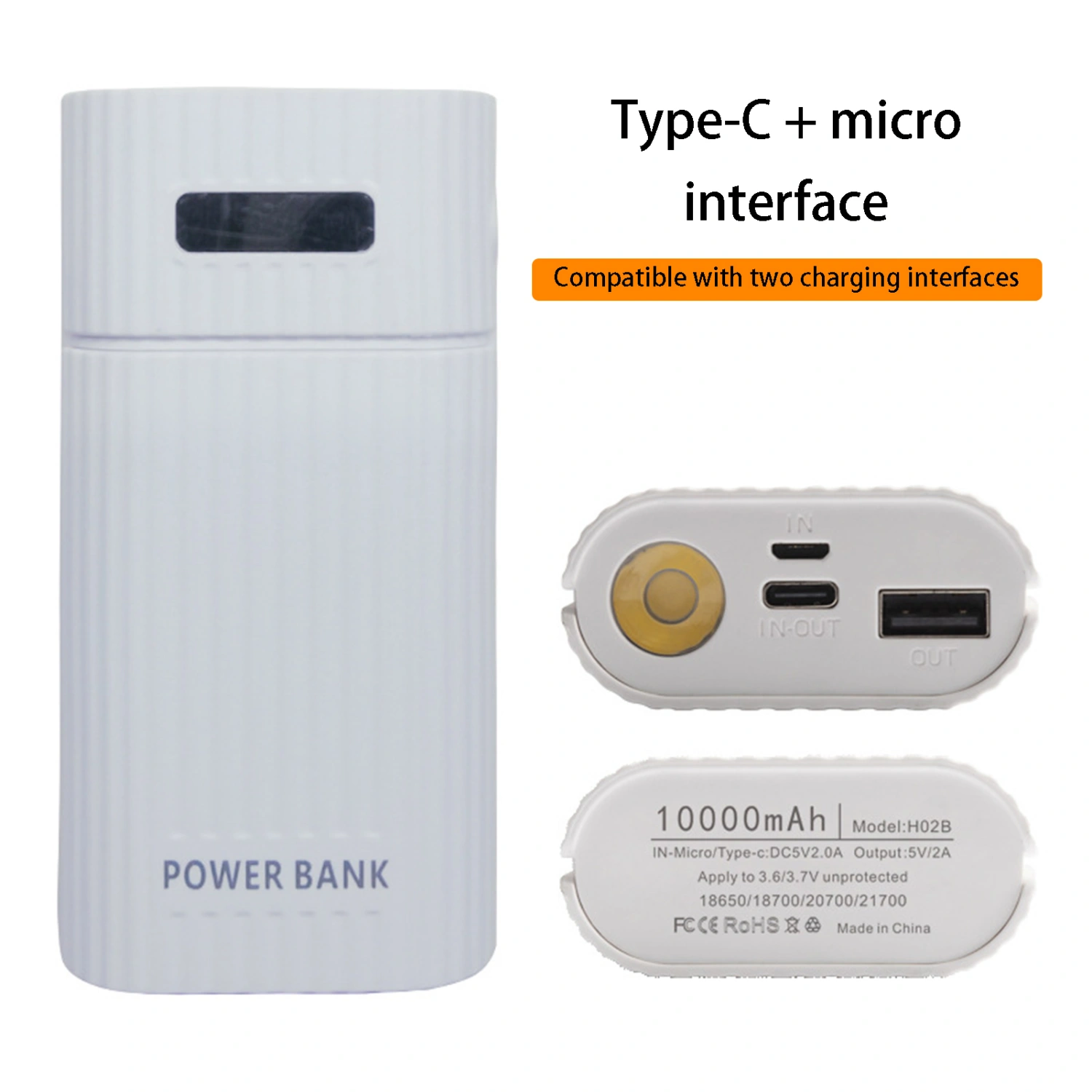 Power Bank Case Universal Convenient Welding-free Fireproof Shockproof Fast Charging with LED Flashlight 2 X 18650 21700 Battery Charger Case DIY Box for Smartphone