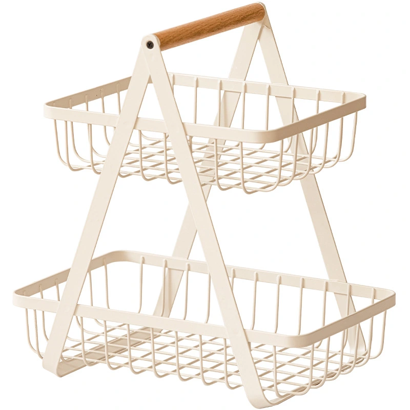 Folding double-layer portable wrought iron basket kitchen storage basket rack storage rack fruit basket