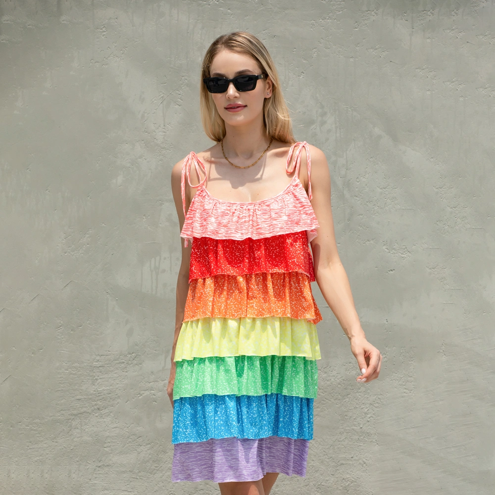 Women&acute;s Summer Rainbow Dress Casual Sleeveless Spaghetti Strap Layered Ruffle Mini Dress Beachwear