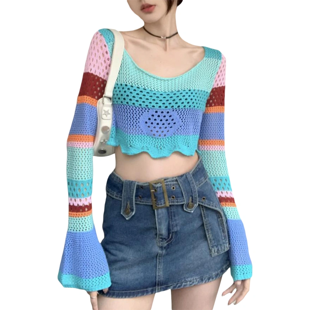 Women Knit Crop Tops, Long Sleeve Tops Crew Neck Contrast Color Striped Hollowed Streetwear