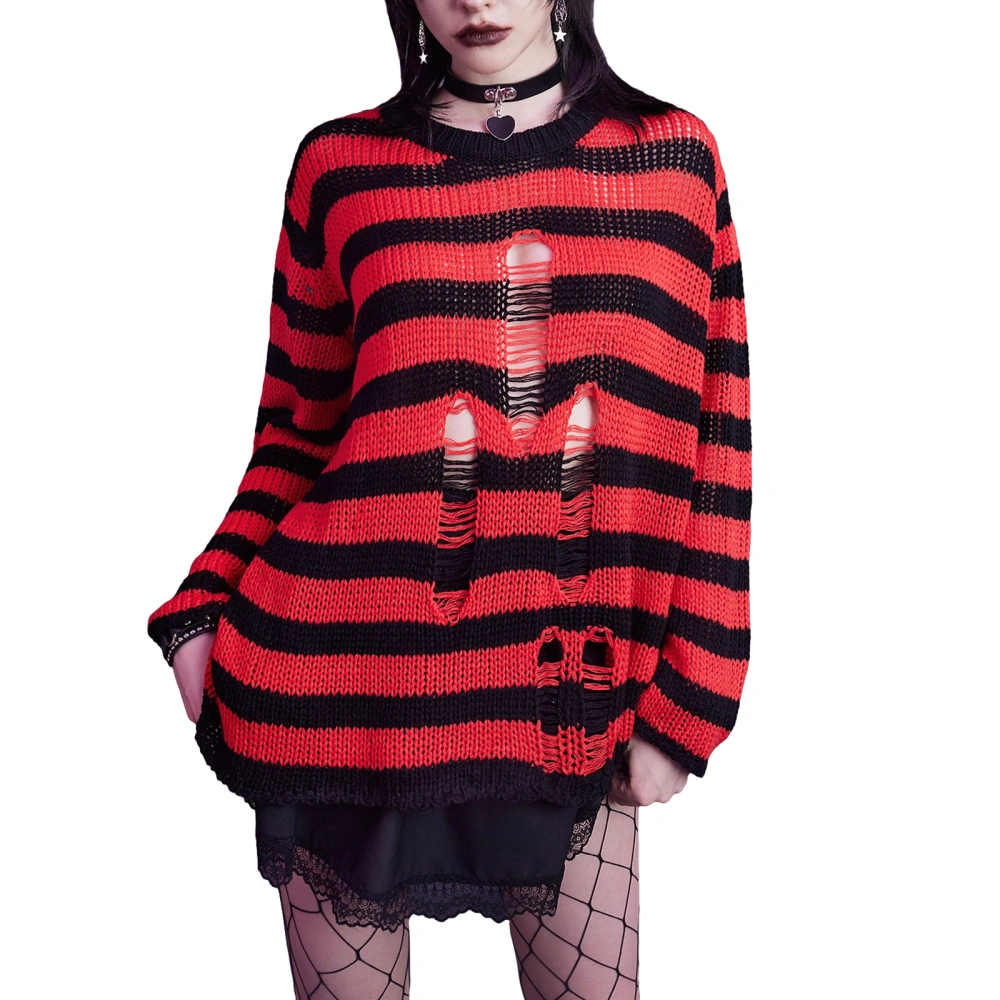 Women Knit Sweater Long Sleeve Crew Neck Striped Ripped Pullover Tops Streetwear