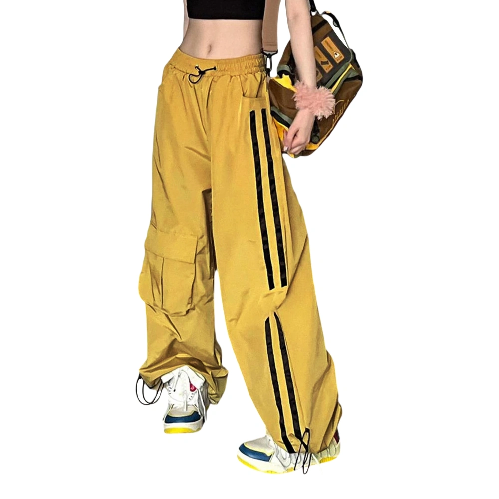 Women&acute;s Baggy Cargo Pants Drawstring High Waist Striped Print Parachute Pants with Pockets Streetwear