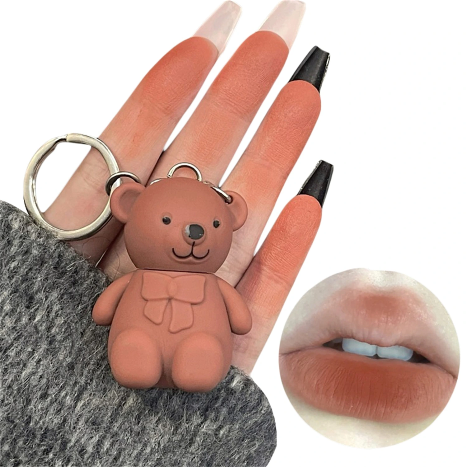 Keychain Bear Lipsticks, 2-in-1 Liner Long Lasting Matte Velvet Lip Mud Makeup Cosmetics