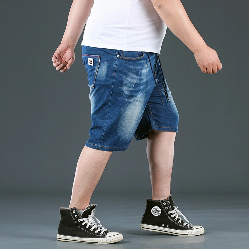 Oversized Men 'S Denim Shorts Men 'S Elastic Waist Five -Point Pants Knee Length Loose Shorts Plus Size Light Blue Straight Shorts Men 'S L -9xl