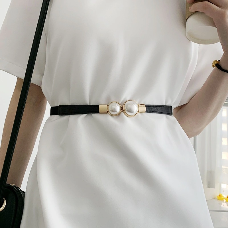 Women Double Pearl Belt PU Leather Dress Skirt Waist Elastic Thin Belts Ladies Waistband