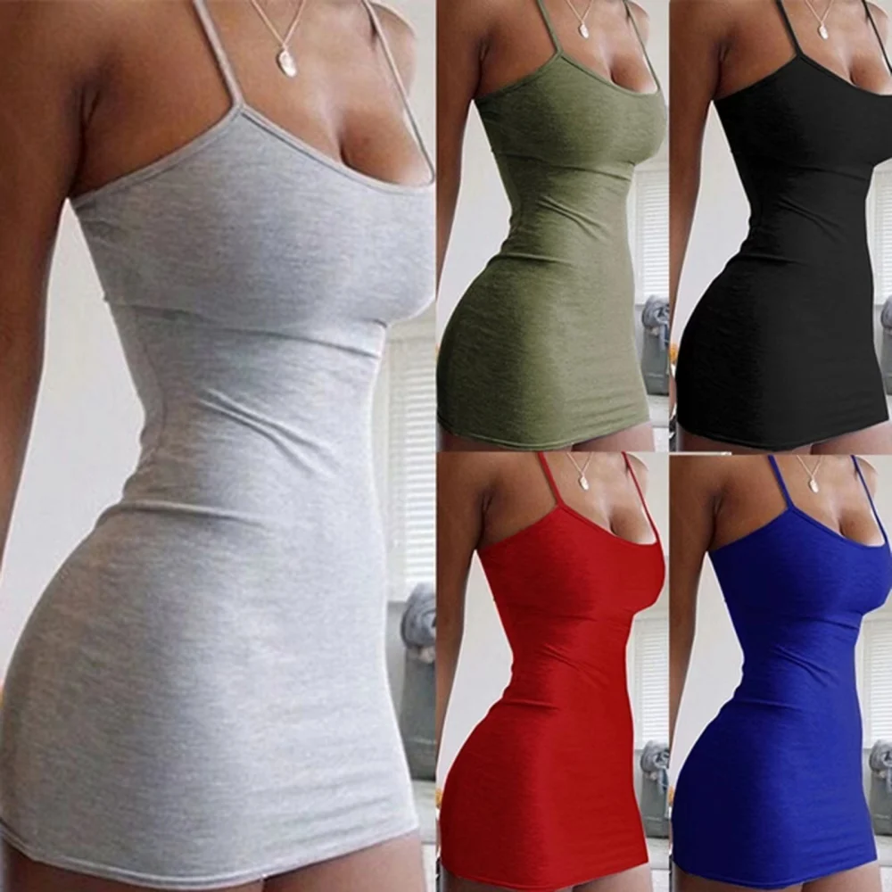 Solid Color Sleevless Spaghetti Strap Fitted Dress Summer Slim Short Dress Mini Dress Club Party Dress Women's Fashion