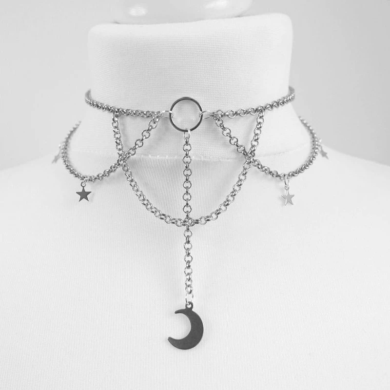 Witch Dainty Chain Crescent Moon and Stars Choker Necklace Goth Pendant Punk Gorgeous Jewelry Women Gift Fashion Gothic New