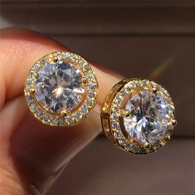 Sparkling Gold Plated Round Cut White CZ Diamond Stud Earrings for Women Bridal Wedding Engagement Gifts