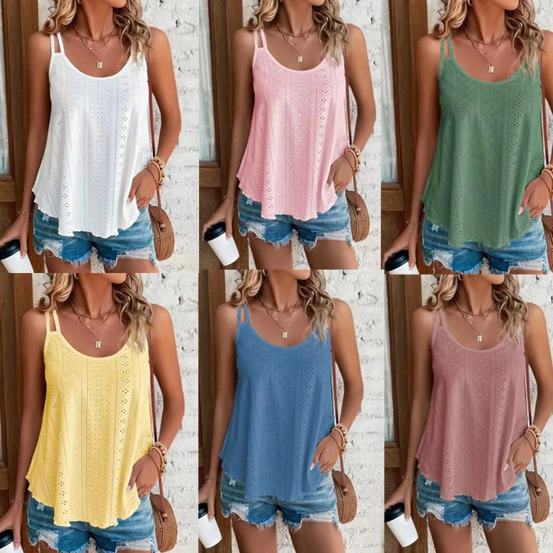 Womens Summer Fashion Casual Clothes Loose Sleeveless Spaghetti Strap Top Ladies Crew Neck Hollowed Out Blouses