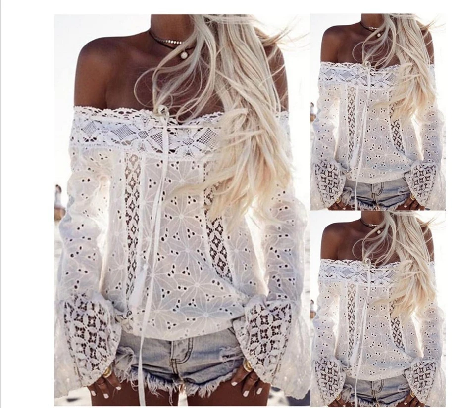 Summer Women Sexy White Embroidery Lace Crop Top Plus Size Clubwear Flare Sleeve Clothing