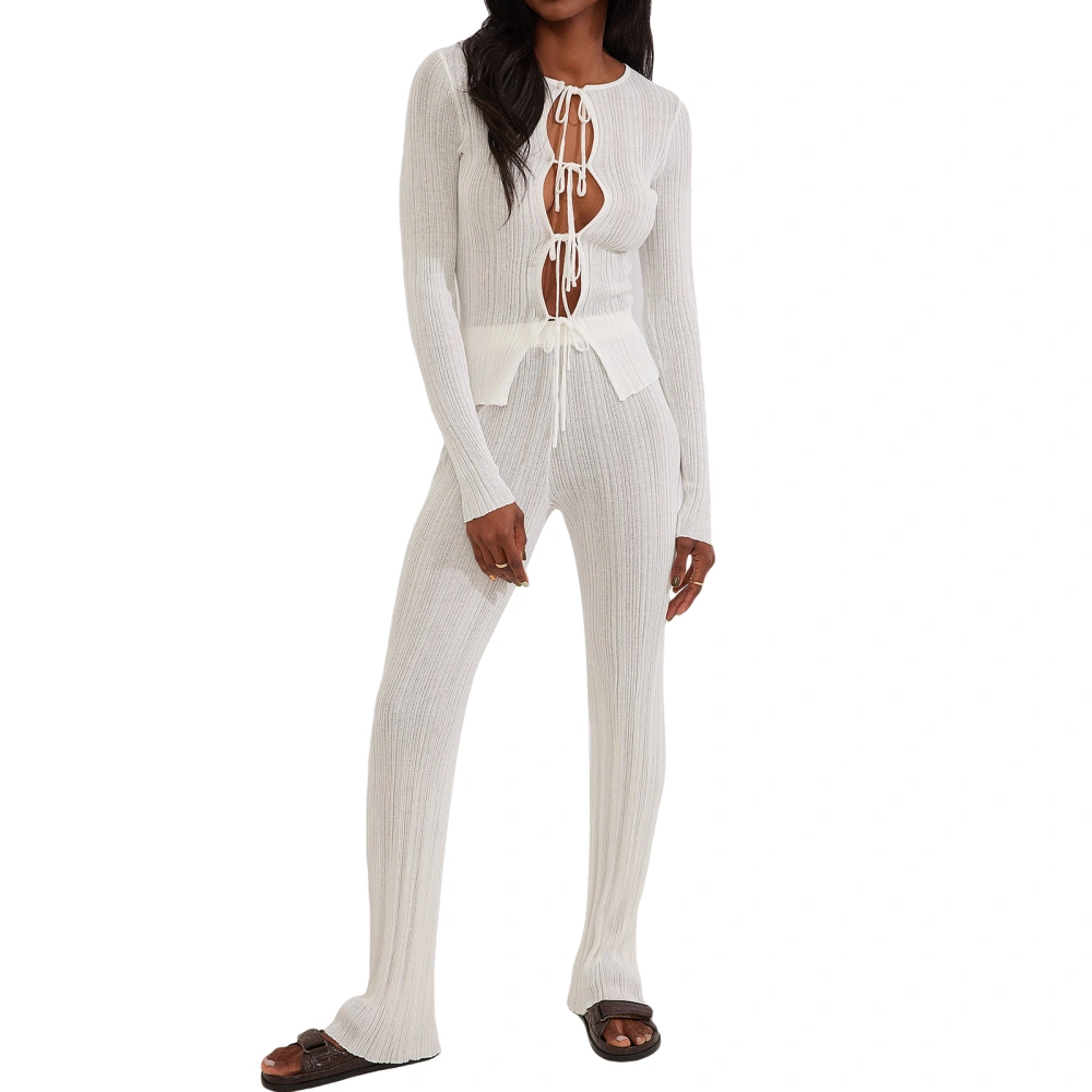 2 Pieces Female Suit Set, Solid Color Long Sleeve Tie-Up Hollow Out Knitwear+ Long Pants, White/Blue/Black, S/M/L