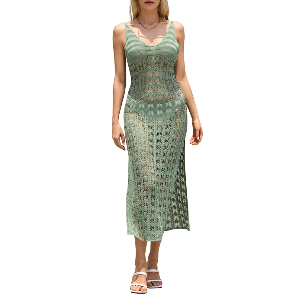 Women's Crochet Bikini Cover Ups Sleeveless V Neck Solid Color Split Cover Up Long Beach Dress