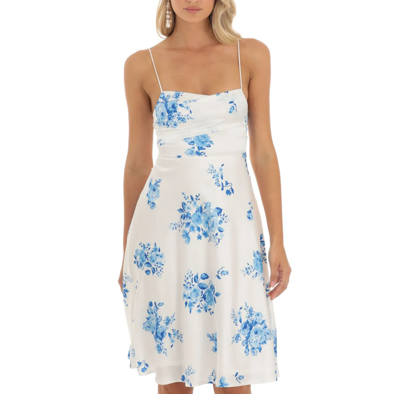 Women Summer Casual Dress Floral Print Spaghetti Strap Midi Dress Fashion Cross Tie-Up Backless Cami Dress