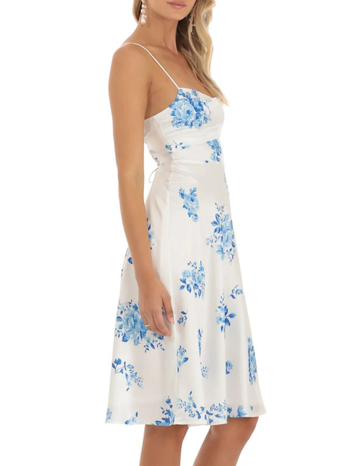Women Summer Casual Dress Floral Print Spaghetti Strap Midi Dress Fashion Cross Tie-Up Backless Cami Dress