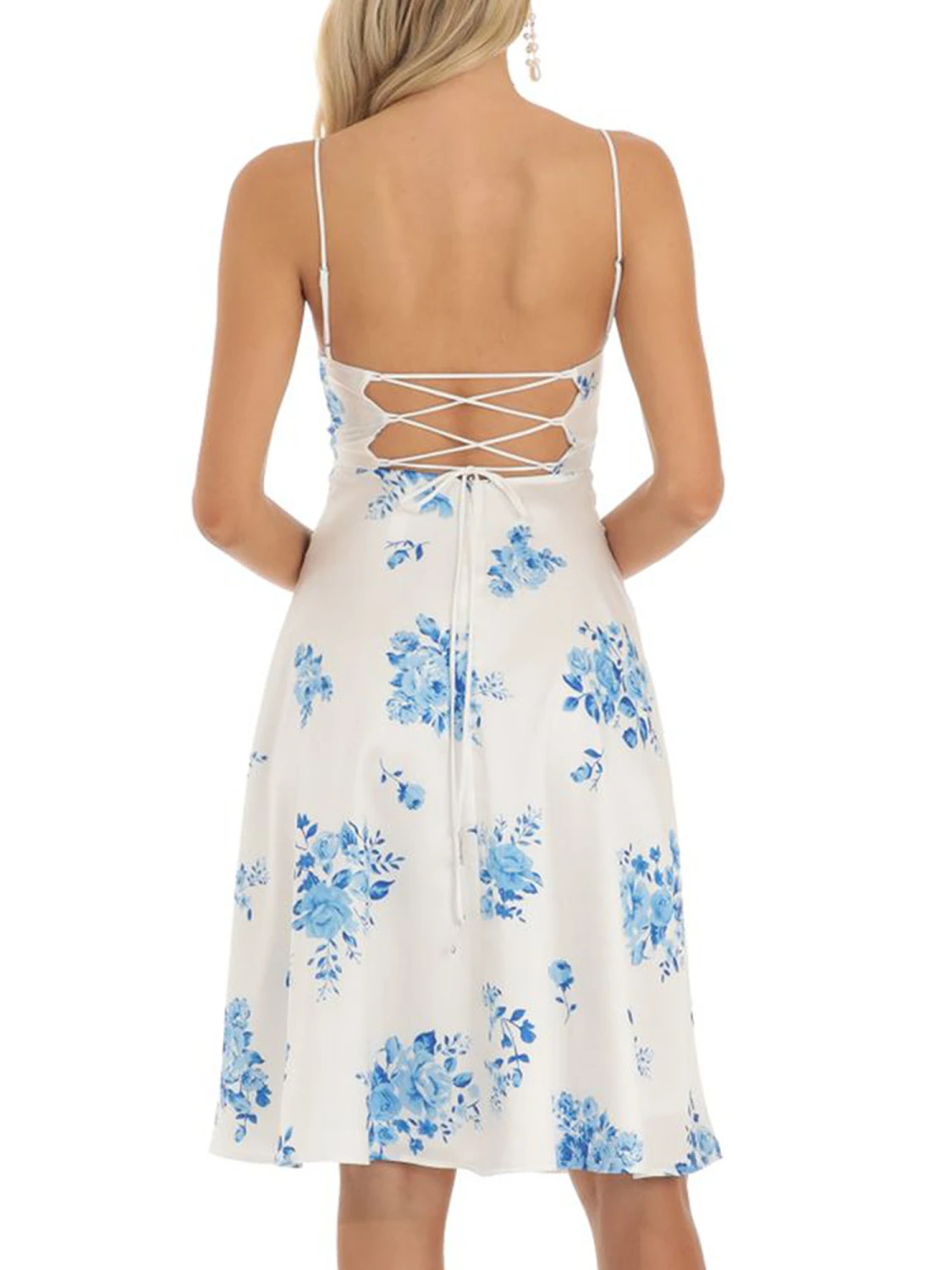 Women Summer Casual Dress Floral Print Spaghetti Strap Midi Dress Fashion Cross Tie-Up Backless Cami Dress