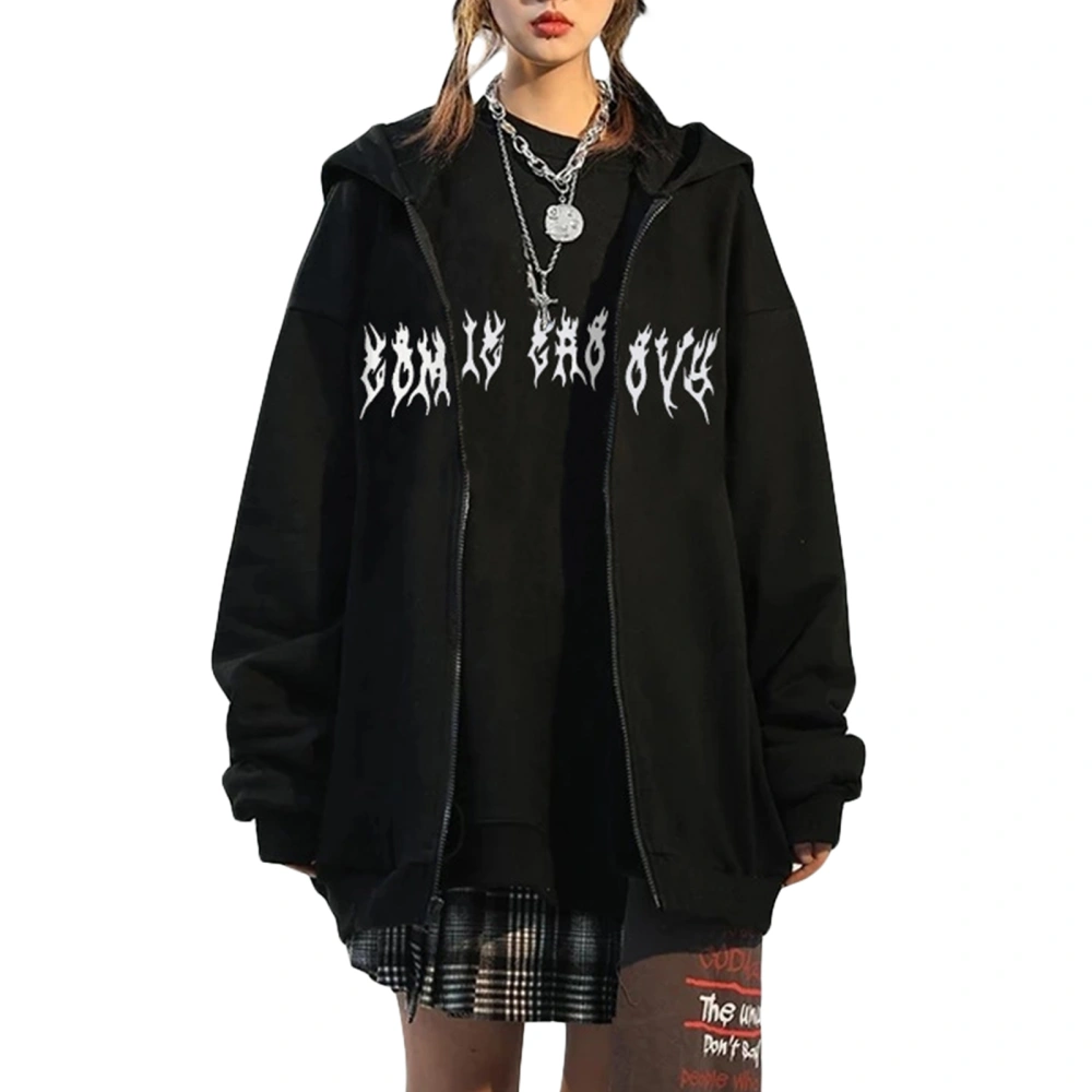 Women Loose Hood Sweatshirt, Animal Skeleton Print Long Sleeve Zipper Closure Coat for Spring Autumn