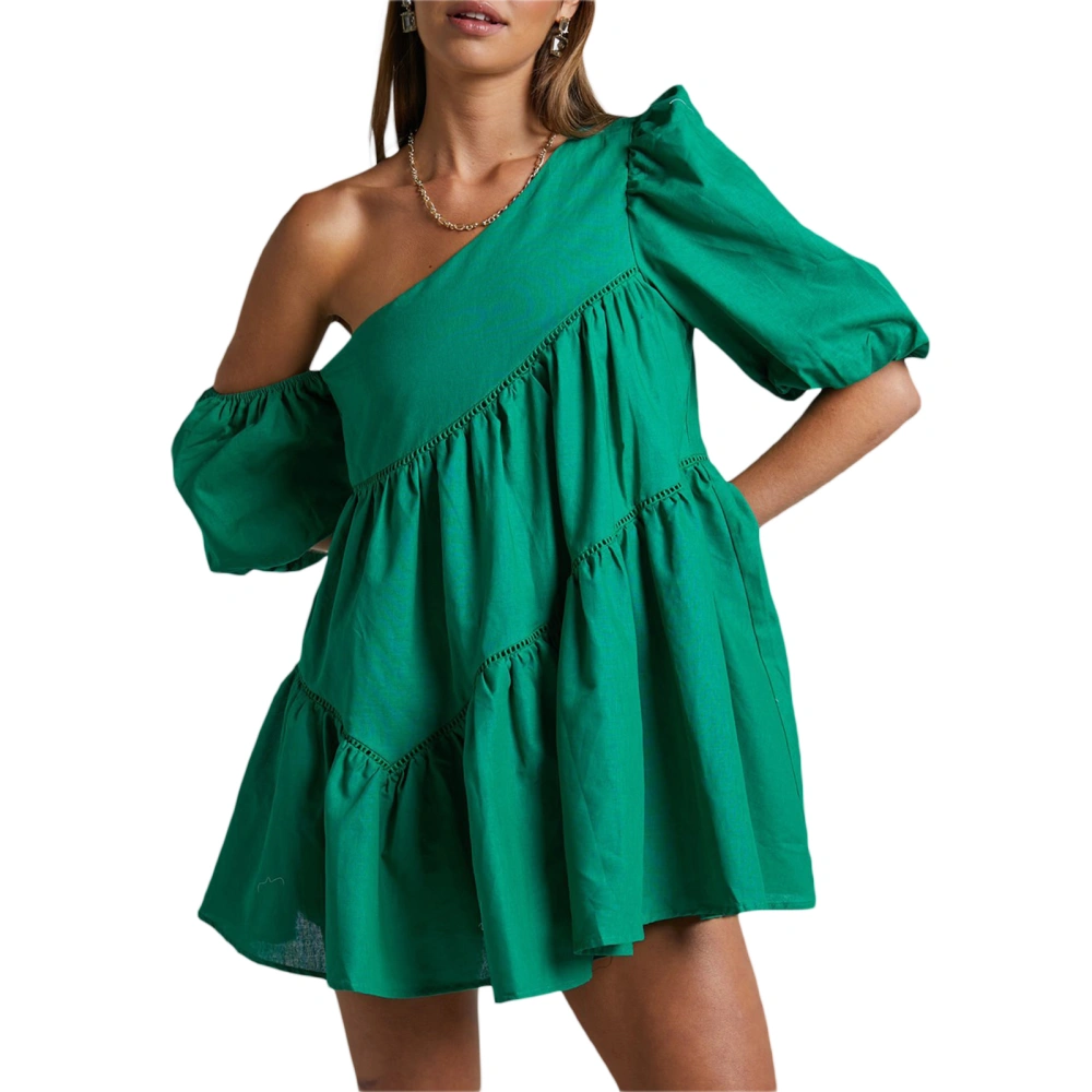 Women's Summer Mini Dress Casual Short Puff Sleeve Solid Color Tiered A-line Dress Short Babydoll Dress