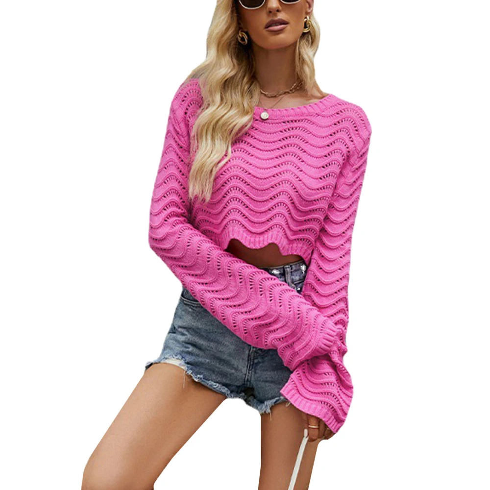 Women's Spring Autumn Short Knitwear Solid Color Long Sleeve Crewneck Pullover Sweater