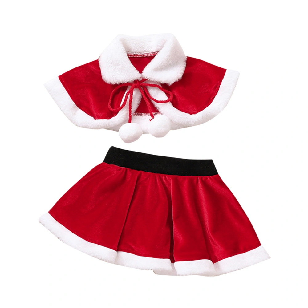 Kids Girls 2 Pieces Christmas Outfits, Contrast Color Splicing Lapel Plush Ball Tie-Up Shawl Tops + Elastic Waist Skirt Set