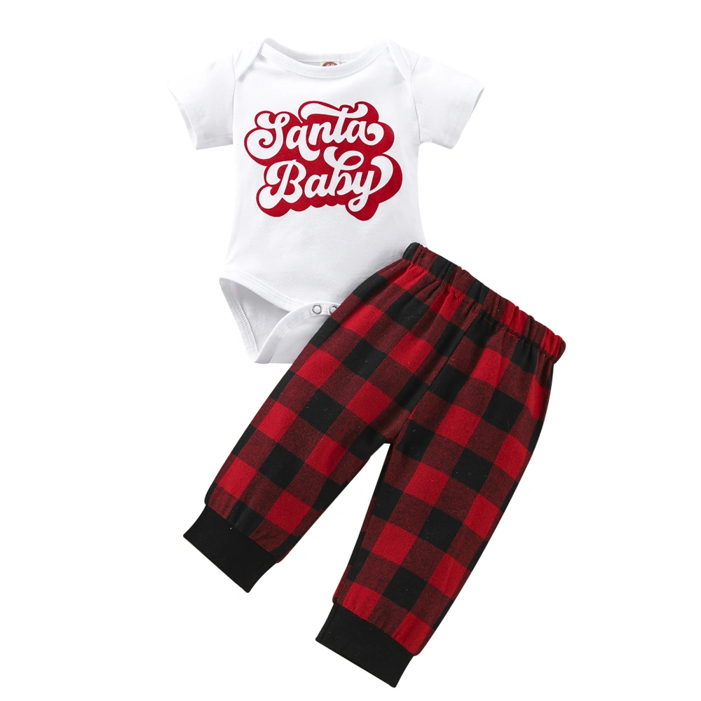 Newborn Baby Christmas Outfits Set, Lettering Pattern Romper Elastic Waist Plaid Pattern Pants