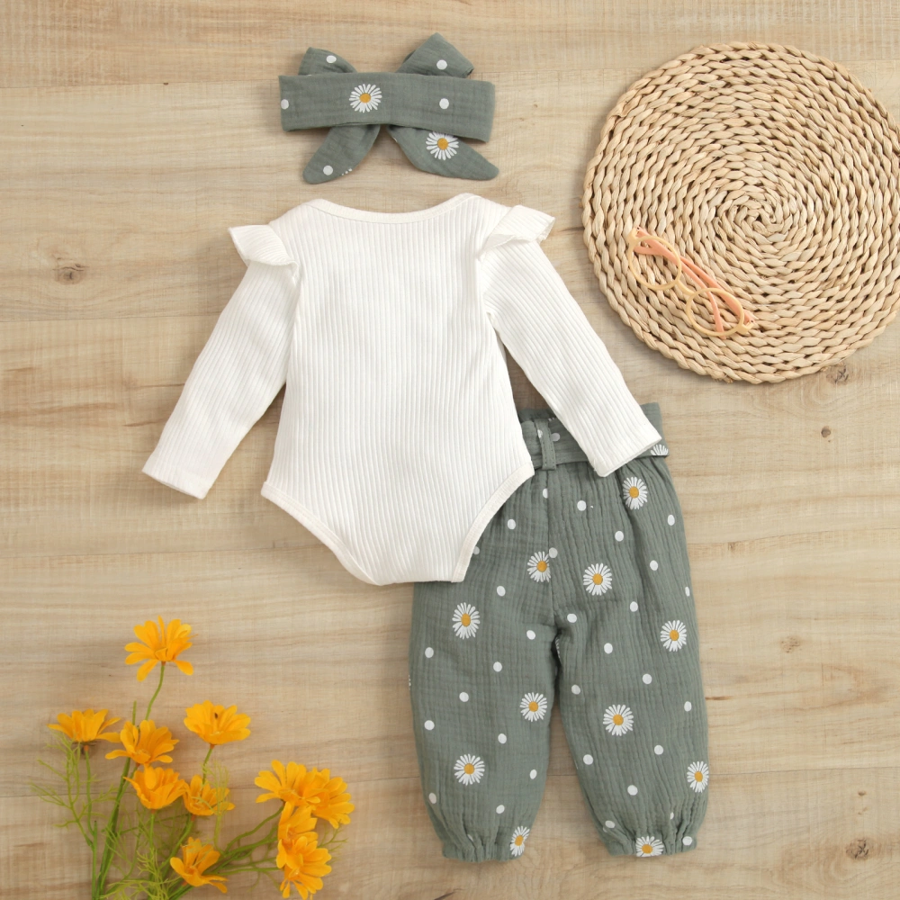 Baby Girls 3PCS Romper Suit, Long Sleeve Plain Ribbed Snap Romper + Daisies Ruched Long Pants with Belt + Bow Headband