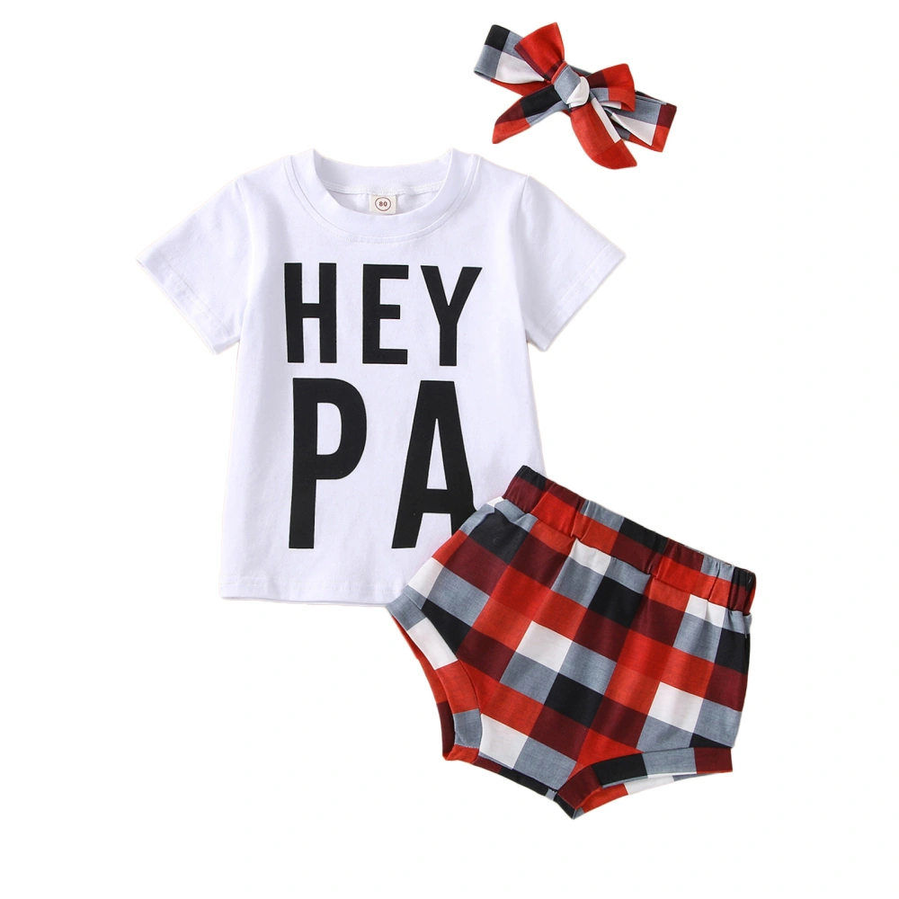 Baby Summer Outfits, Short Sleeve Letters Print T-shirt with Plaid Shorts/Pants and Headband