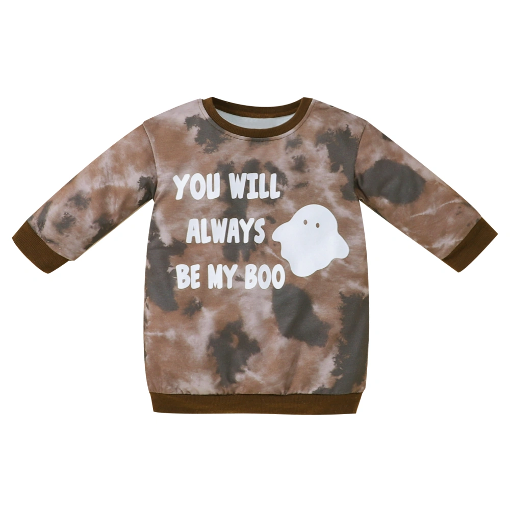 Children Girls Sweater Dress Letter Ghost Print Long Sleeves Round Neck Loose Casual Dress