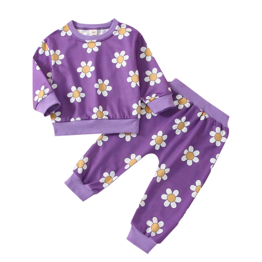 Baby Two Piece Outfits, Round Neck Long Sleeve Pullover Flower Pattern Tops Matching Elastic Waist Pants