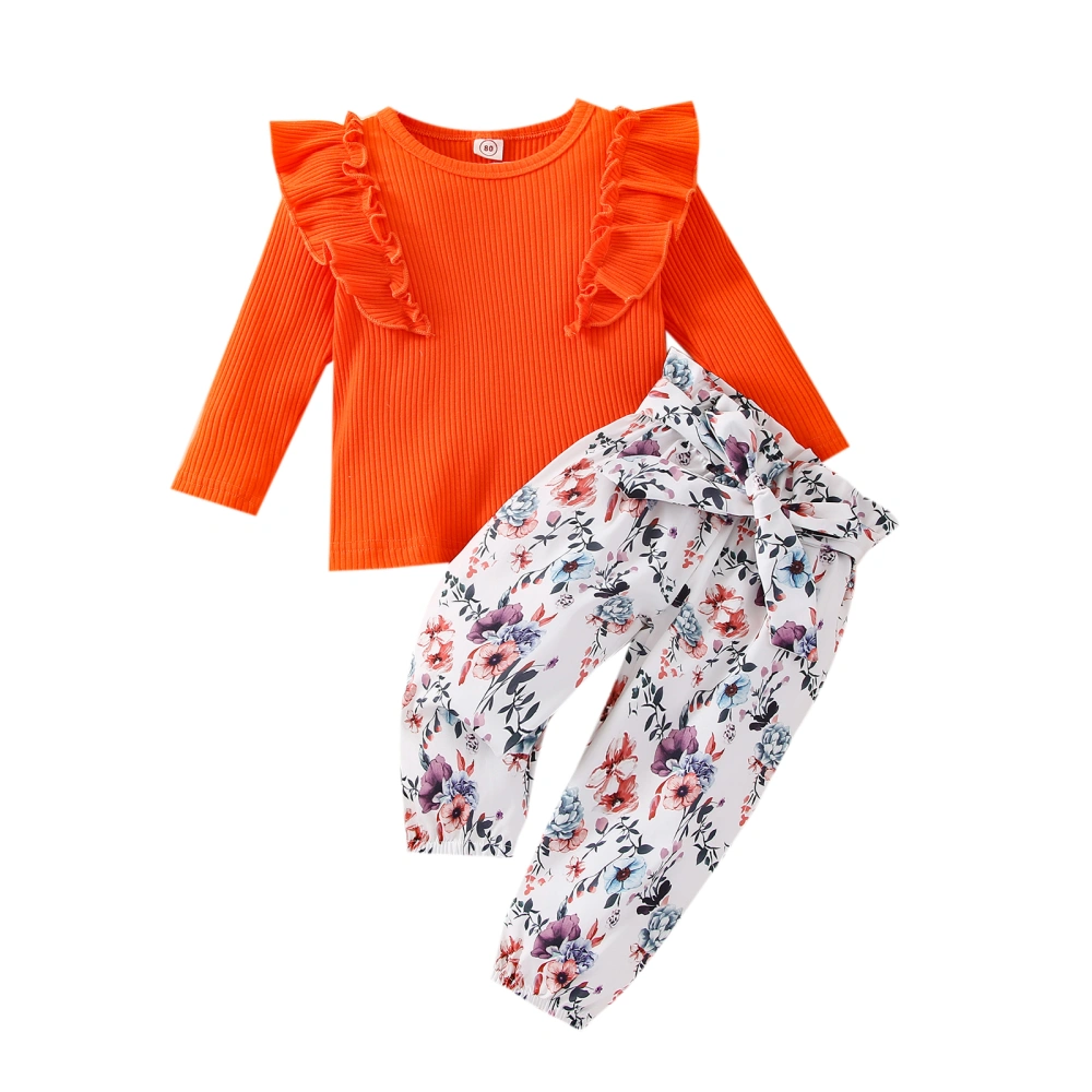 2 Pcs Baby Girls Pants Set, Ruffled Ribbed Solid Color Long Sleeve Round Neck Knit Pullover + Floral Trousers with Belt