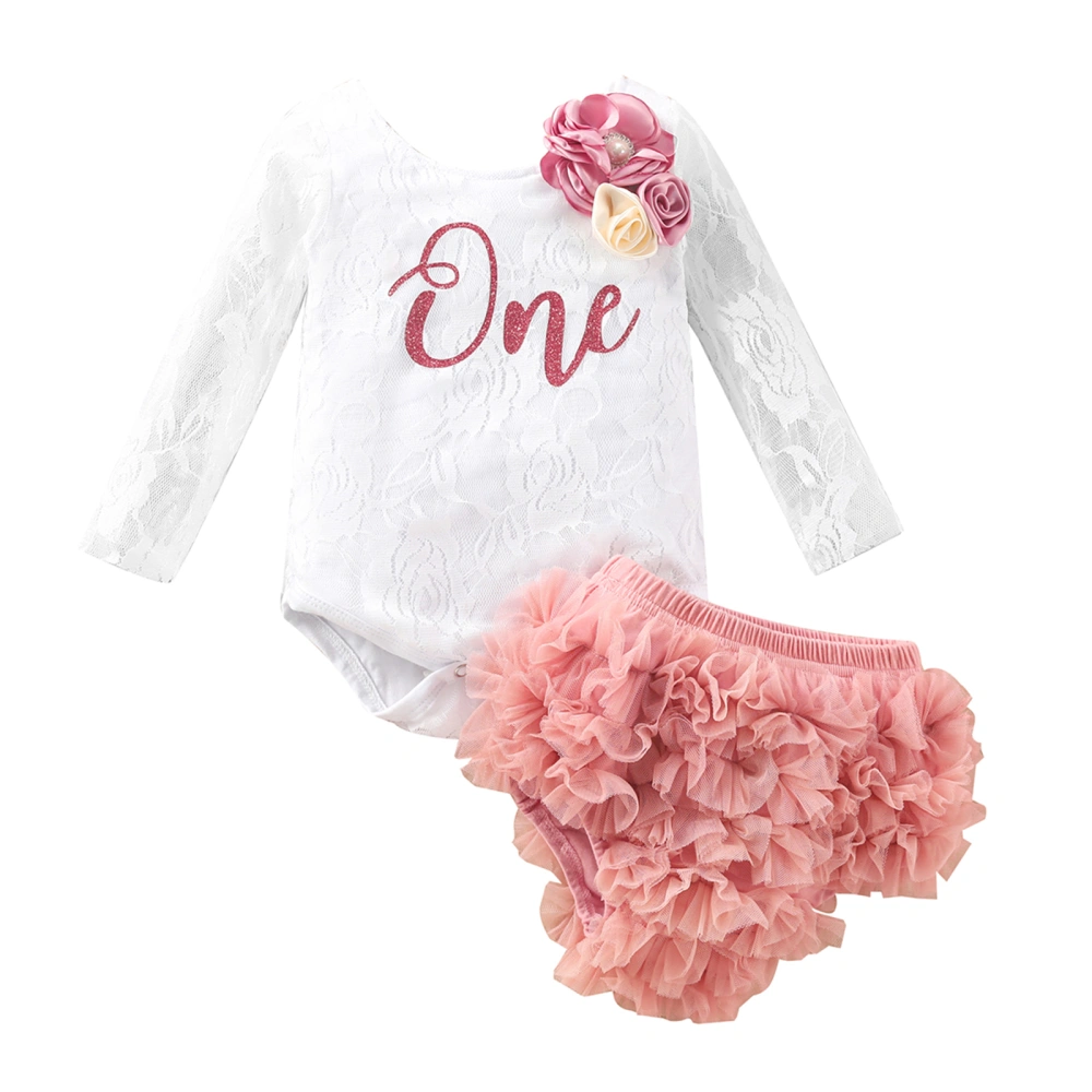 Infant Baby Girl Outfits Set, Long Sleeve Lettering Floral Lace Round Neck Romper Ruffle Briefs Shorts with Removable Brooch