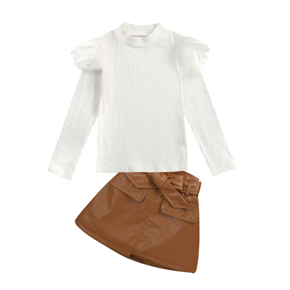 Kids Girls Casual Suit, Solid Color Long Sleeve Fluffy Hair Knitted Tops+Short Skirt with Belt