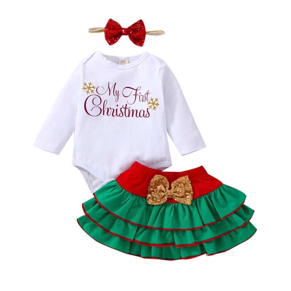 3Pcs Baby Girl Christmas Outfit, Long Sleeve Romper + Layered Skirt + Bow Headband Set for Newborns, 6 Months to 3 Years