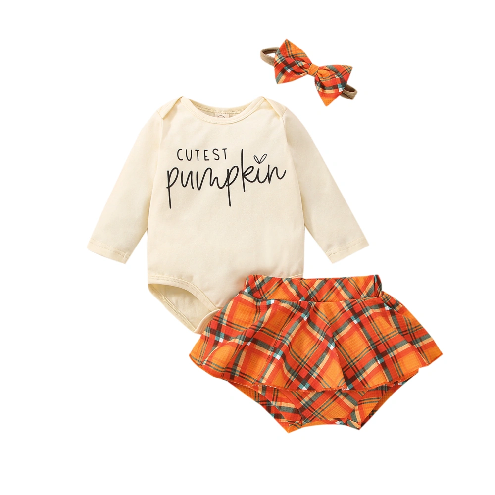 Infant Girl Thanksgiving Clothes Set, Letter Print Long Sleeve Round Neck Romper + Ruffled Plaid Print Shorts + Bow Headband