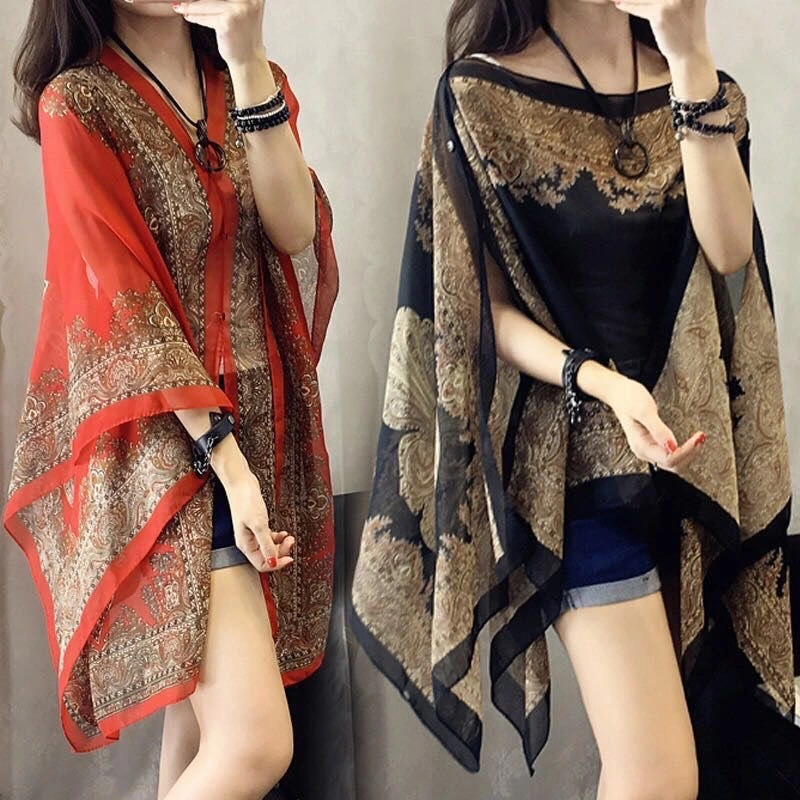 Womens V Neck Batwing Sleeve Floral Print Irregular Hem Cape Kaftan Blouse Top