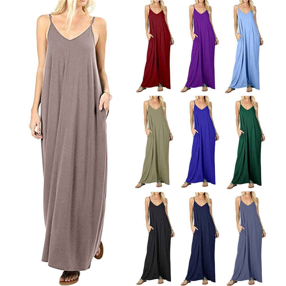 Summer European and American cross-border foreign trade solid color pocket Camisole loose long dress