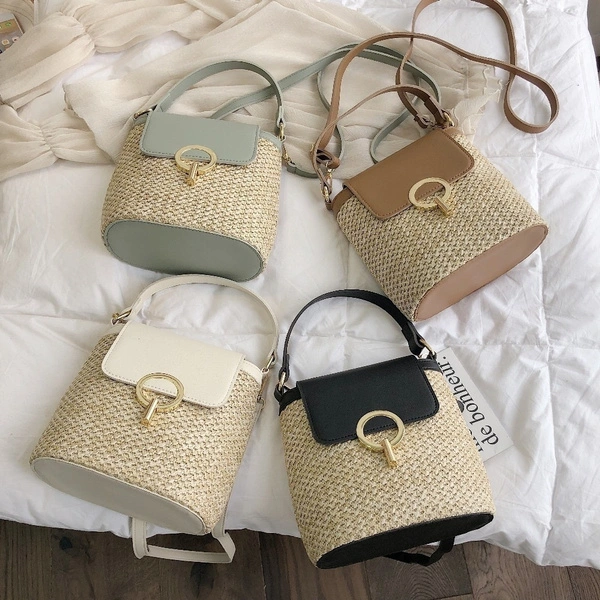 Small Straw Bucket Bags for Women Summer Crossbody Bags Lady Travel Purses and Handbags Female Shoulder Messenger Bag